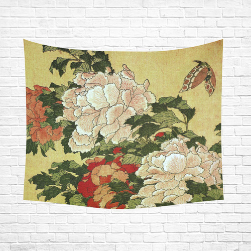Peonies Butterfly Hokusai Japanese Floral Nature A Cotton Linen Wall Tapestry 60"x 51"