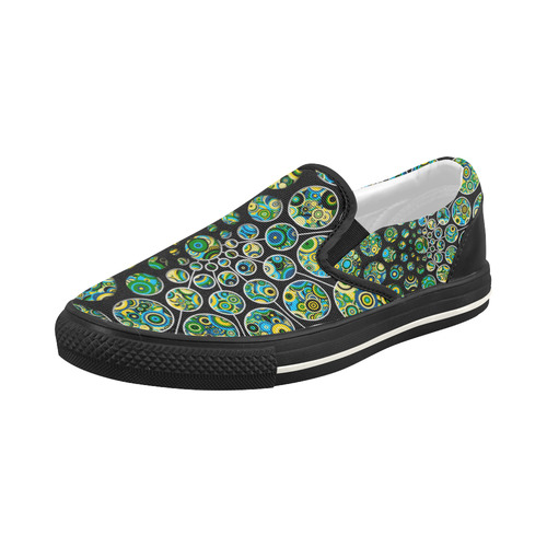 Flower Power CIRCLE Dots in Dots cyan yellow black Women's Slip-on Canvas Shoes (Model 019)