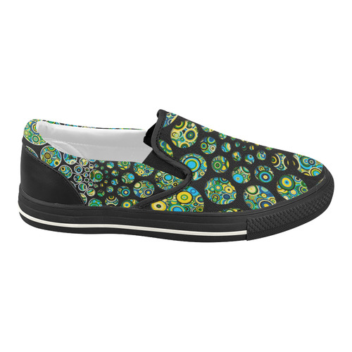 Flower Power CIRCLE Dots in Dots cyan yellow black Women's Slip-on Canvas Shoes (Model 019)