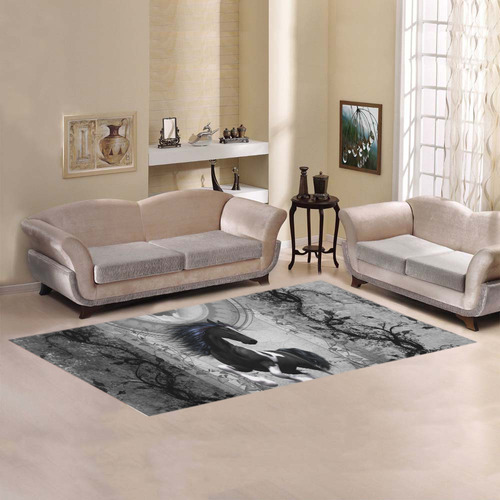 Awesome horse in black and white with flowers Area Rug 7'x3'3''