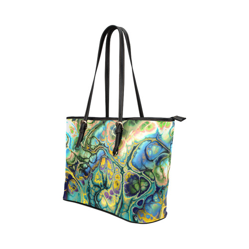 Flower Power Fractal Batik Teal Yellow Blue Salmon Leather Tote Bag/Large (Model 1651)