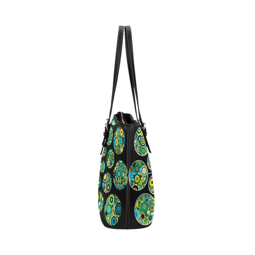 Flower Power CIRCLE Dots in Dots cyan yellow black Leather Tote Bag/Large (Model 1651)