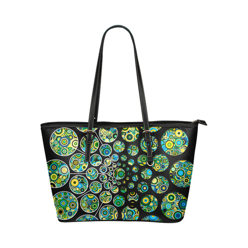 Flower Power CIRCLE Dots in Dots cyan yellow black Leather Tote Bag/Large (Model 1651)