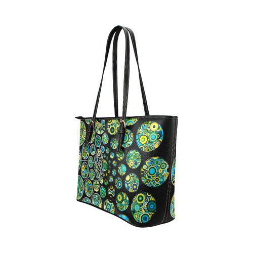 Flower Power CIRCLE Dots in Dots cyan yellow black Leather Tote Bag/Large (Model 1651)