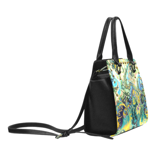 Flower Power Fractal Batik Teal Yellow Blue Salmon Rivet Shoulder Handbag (Model 1645)