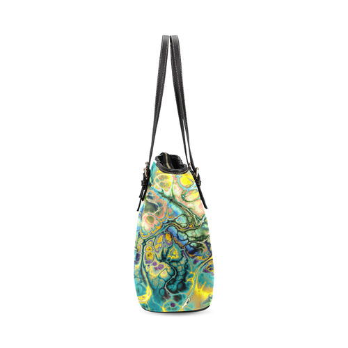 Flower Power Fractal Batik Teal Yellow Blue Salmon Leather Tote Bag/Small (Model 1640)