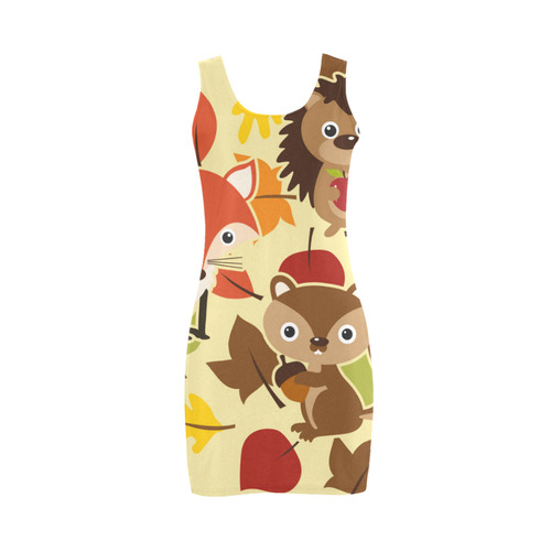 Autumn Leaves Pattern + HEDGEHOG FOX SQUIRREL Medea Vest Dress (Model D06)