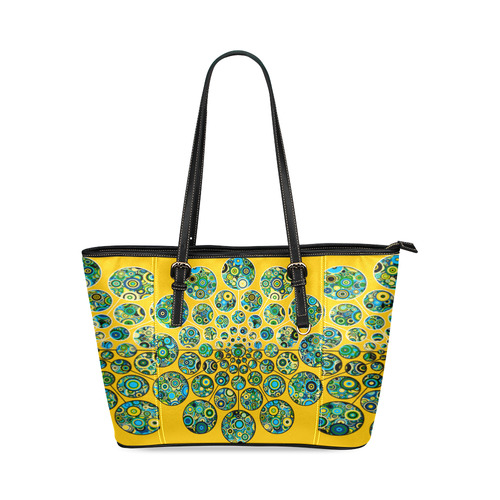 Flower Power CIRCLE Dots in Dots cyan yellow black Leather Tote Bag/Small (Model 1640)