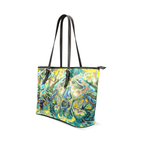 Flower Power Fractal Batik Teal Yellow Blue Salmon Leather Tote Bag/Small (Model 1640)