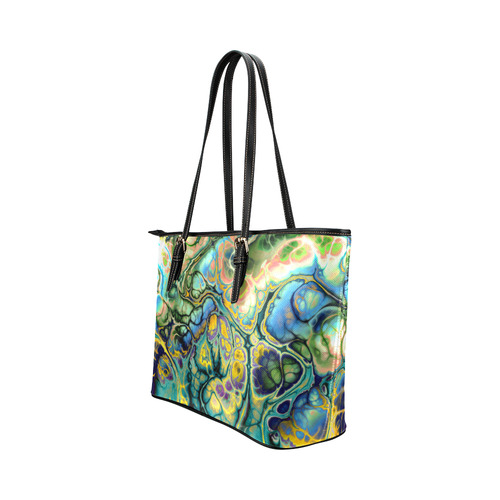 Flower Power Fractal Batik Teal Yellow Blue Salmon Leather Tote Bag/Large (Model 1651)