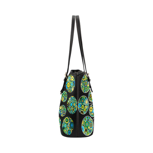 Flower Power CIRCLE Dots in Dots cyan yellow black Leather Tote Bag/Large (Model 1651)
