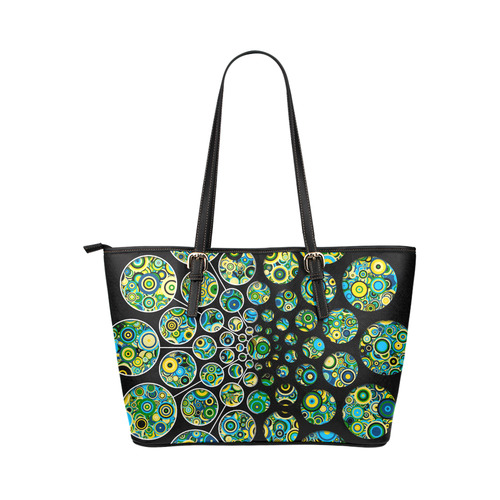 Flower Power CIRCLE Dots in Dots cyan yellow black Leather Tote Bag/Small (Model 1651)