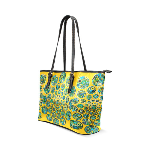 Flower Power CIRCLE Dots in Dots cyan yellow black Leather Tote Bag/Small (Model 1640)