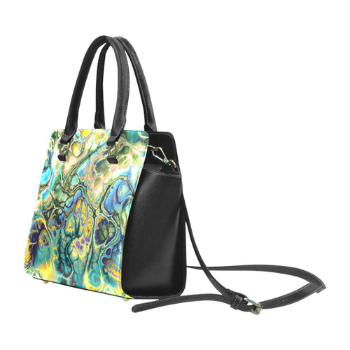 Flower Power Fractal Batik Teal Yellow Blue Salmon Rivet Shoulder Handbag (Model 1645)