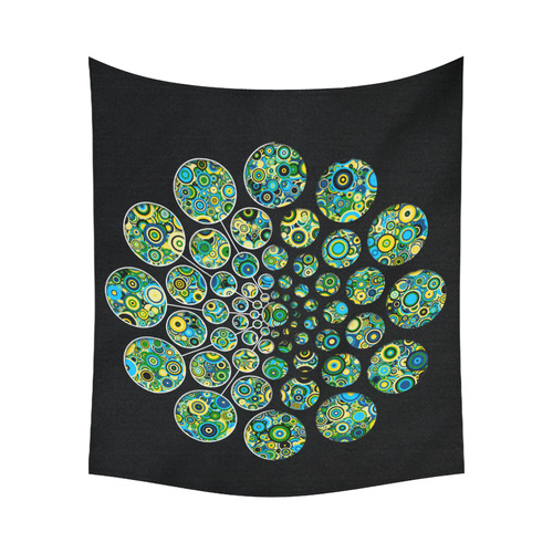 Flower Power CIRCLE Dots in Dots cyan yellow black Cotton Linen Wall Tapestry 60"x 51"