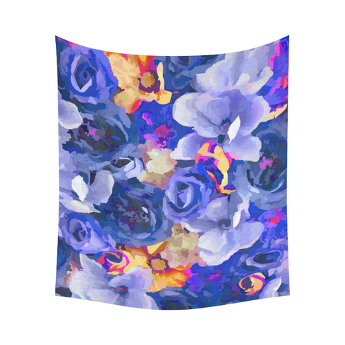 Indigo Gold Watercolor Flowers Cotton Linen Wall Tapestry 60"x 51"