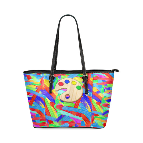 Colorful Finger Painting With Artists Palette Leather Tote Bag/Small (Model 1640)