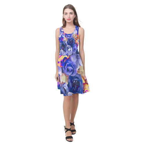 Indigo Gold Watercolor Flowers Atalanta Casual Sundress(Model D04)