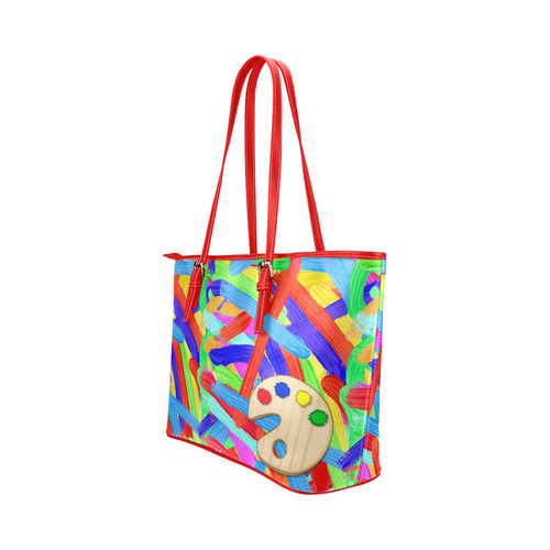 Colorful Finger Painting  with Artists Palette Leather Tote Bag/Large (Model 1651)