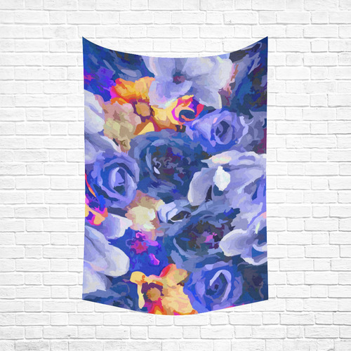 Indigo Blue Gold Watercolor Flowers Cotton Linen Wall Tapestry 60"x 90"