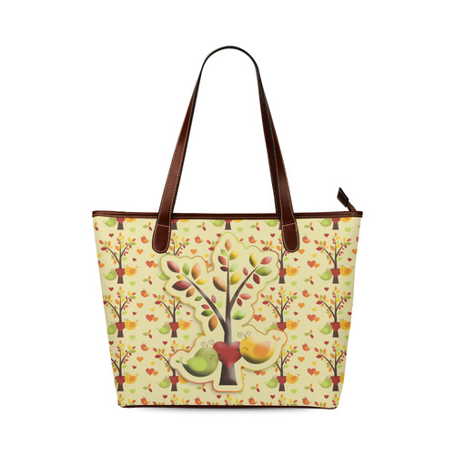 Autumn BIG LOVE Pattern TREEs, BIRDs and HEARTS Shoulder Tote Bag (Model 1646)