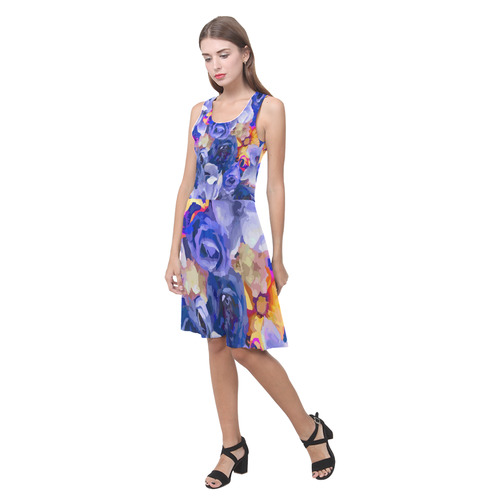 Indigo Gold Watercolor Flowers Atalanta Casual Sundress(Model D04)