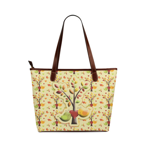 Autumn BIG LOVE Pattern TREEs, BIRDs and HEARTS Shoulder Tote Bag (Model 1646)