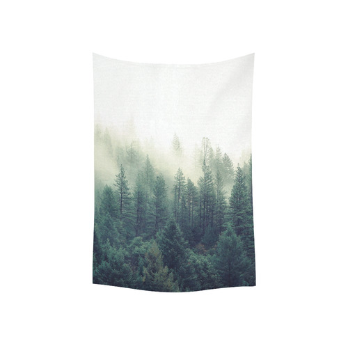 Calming Green Nature Forest Scene Misty Foggy Cotton Linen Wall Tapestry 40"x 60"