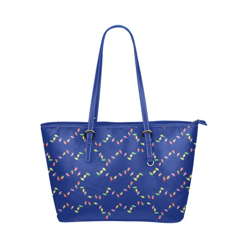 Festive Christmas Lights on Blue Leather Tote Bag/Small (Model 1651)