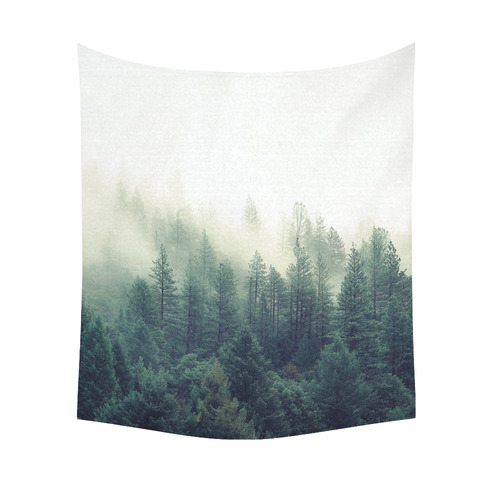 Calming Green Nature Forest Scene Misty Foggy Cotton Linen Wall Tapestry 51"x 60"