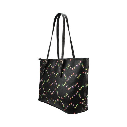 Festive Christmas Lights on Black Leather Tote Bag/Small (Model 1651)