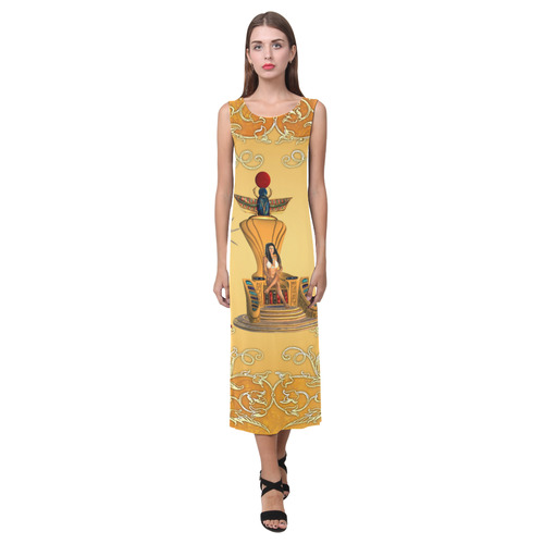 Beautidul egyptian women on a throne Phaedra Sleeveless Open Fork Long Dress (Model D08)