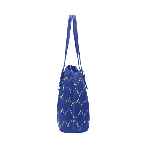 Festive Christmas Lights on Blue Leather Tote Bag/Small (Model 1651)