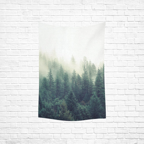 Calming Green Nature Forest Scene Misty Foggy Cotton Linen Wall Tapestry 40"x 60"
