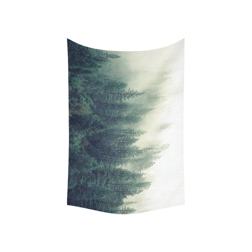 Calming Green Nature Forest Scene Misty Foggy Cotton Linen Wall Tapestry 60"x 40"