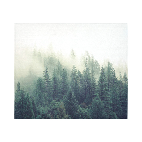 Calming Green Nature Forest Scene Misty Foggy Cotton Linen Wall Tapestry 60"x 51"