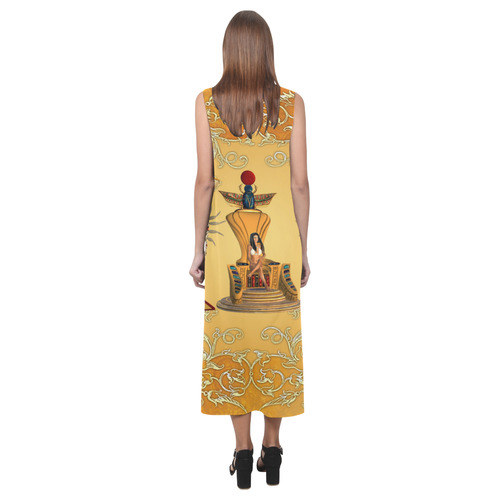 Beautidul egyptian women on a throne Phaedra Sleeveless Open Fork Long Dress (Model D08)