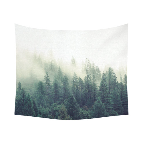 Calming Green Nature Forest Scene Misty Foggy Cotton Linen Wall Tapestry 60"x 51"