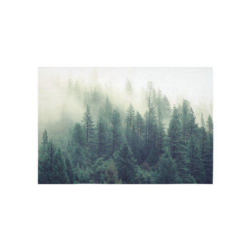 Calming Green Nature Forest Scene Misty Foggy Cotton Linen Wall Tapestry 60"x 40"