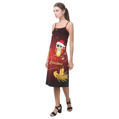 Cute christmas owl on red background Alcestis Slip Dress (Model D05)