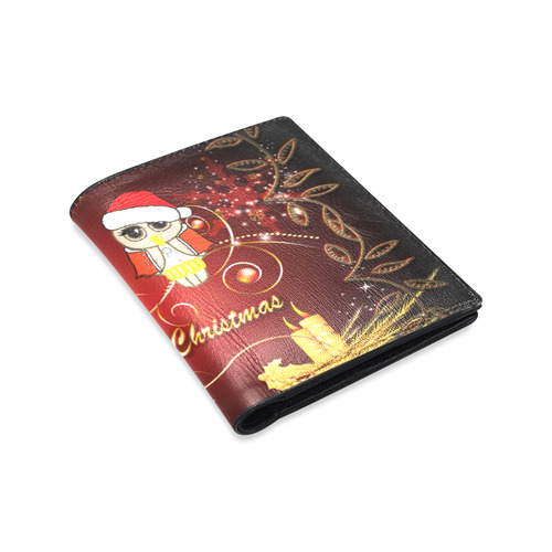 Cute christmas owl on red background Men's Leather Wallet (Model 1612)