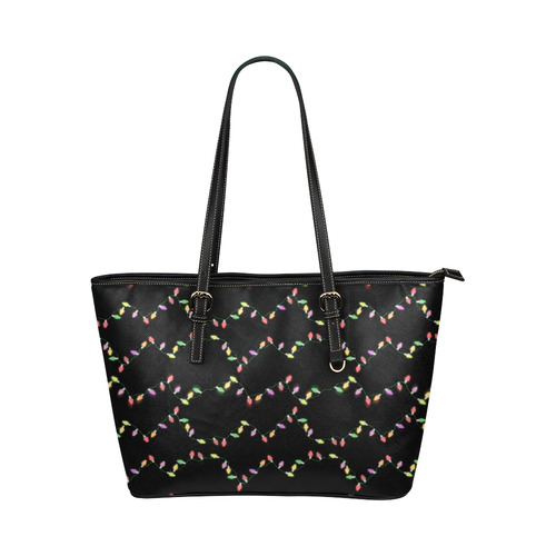 Festive Christmas Lights on Black Leather Tote Bag/Large (Model 1651)