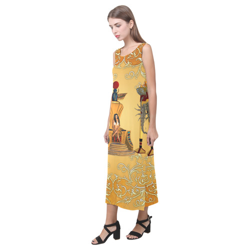 Beautidul egyptian women on a throne Phaedra Sleeveless Open Fork Long Dress (Model D08)