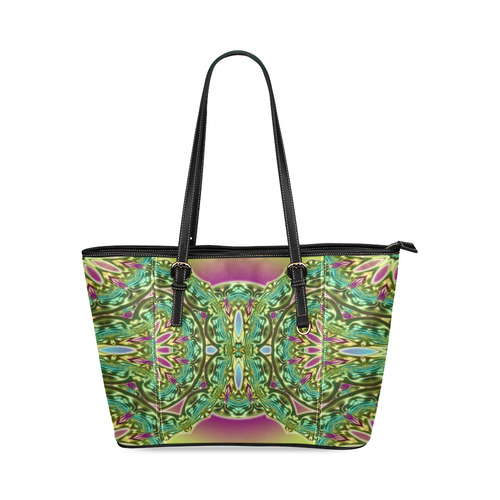 One and two half MANDALA green magenta cyan Leather Tote Bag/Small (Model 1640)