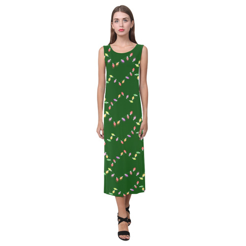 Festive Christmas Lights on Green Phaedra Sleeveless Open Fork Long Dress (Model D08)