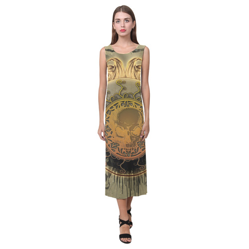 Awesome skulls on round button Phaedra Sleeveless Open Fork Long Dress (Model D08)