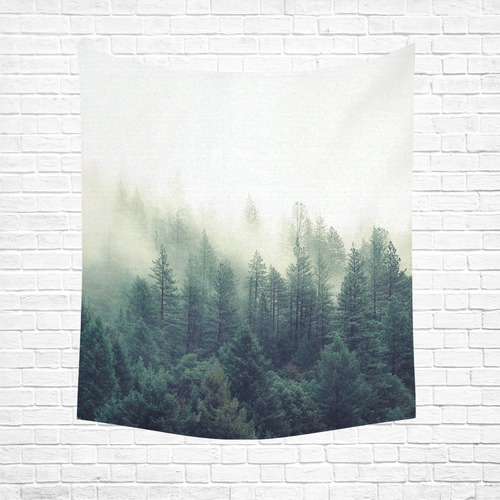 Calming Green Nature Forest Scene Misty Foggy Cotton Linen Wall Tapestry 51"x 60"