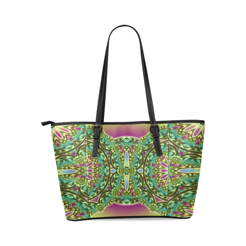 One and two half MANDALA green magenta cyan Leather Tote Bag/Small (Model 1640)