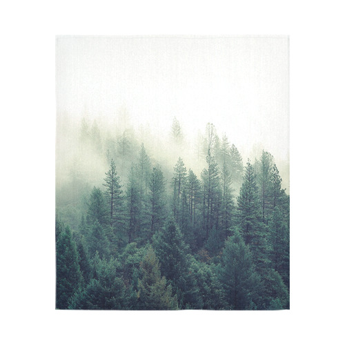 Calming Green Nature Forest Scene Misty Foggy Cotton Linen Wall Tapestry 51"x 60"