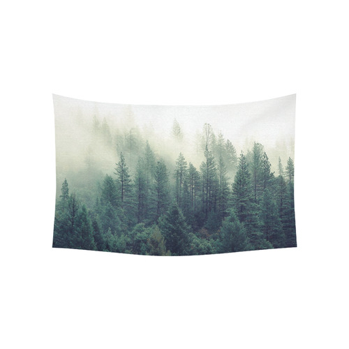 Calming Green Nature Forest Scene Misty Foggy Cotton Linen Wall Tapestry 60"x 40"